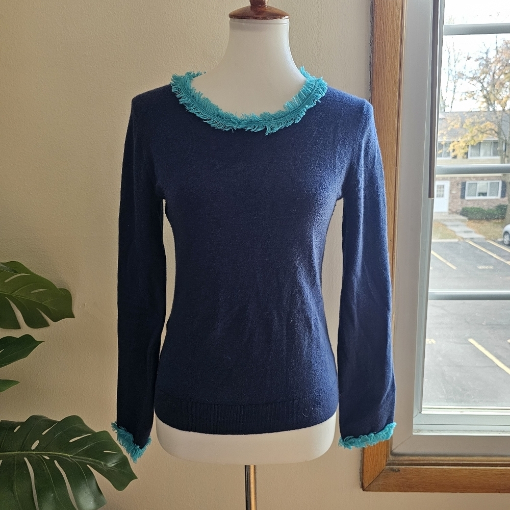 Altuzarra Large Navy Fringe Silk Cashmere Long Sleeve Pullover Sweater